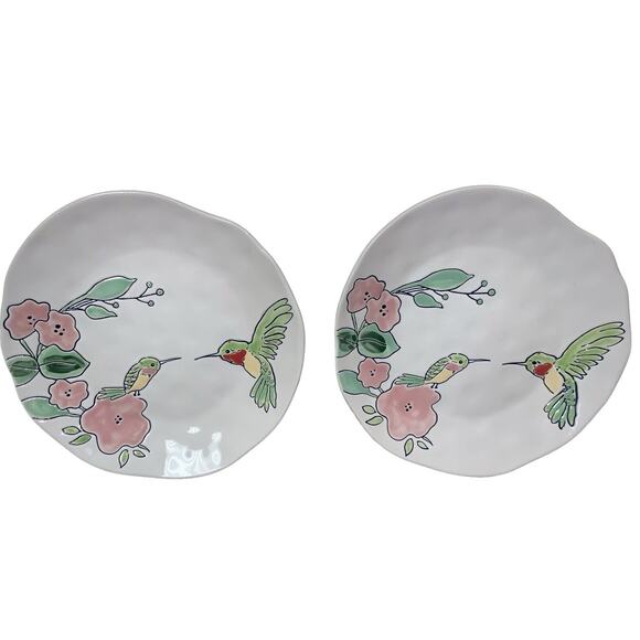 SET OF 2 ELI & ANA HANDMADE CERAMICS FLORAL HUMMINGBIRD 8" SALAD PLATES NEW - Picture 2 of 4